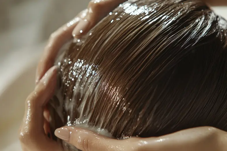 lose-up view of hair treatment being massaged into wet hair for deep nourishment