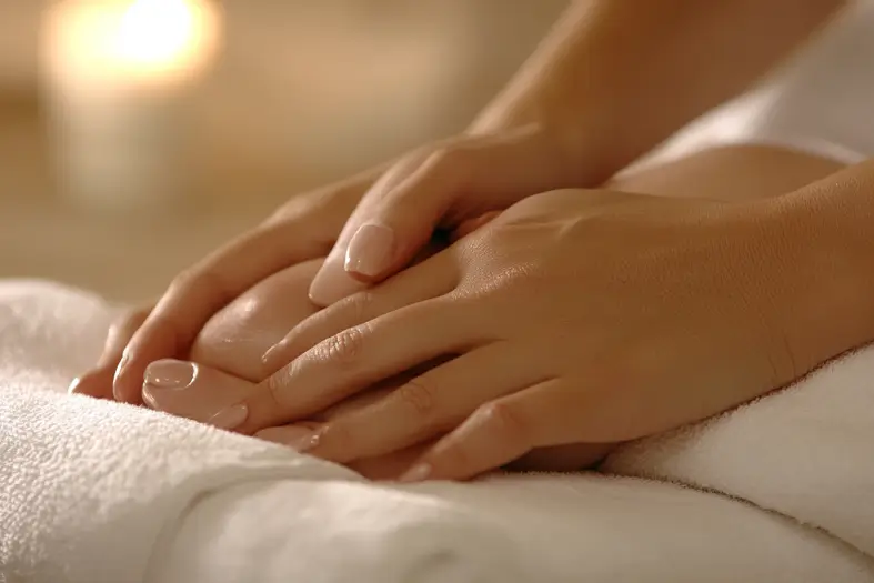 Hands gently holding a foot on a white towel, representing a calming and relaxing pedicure session