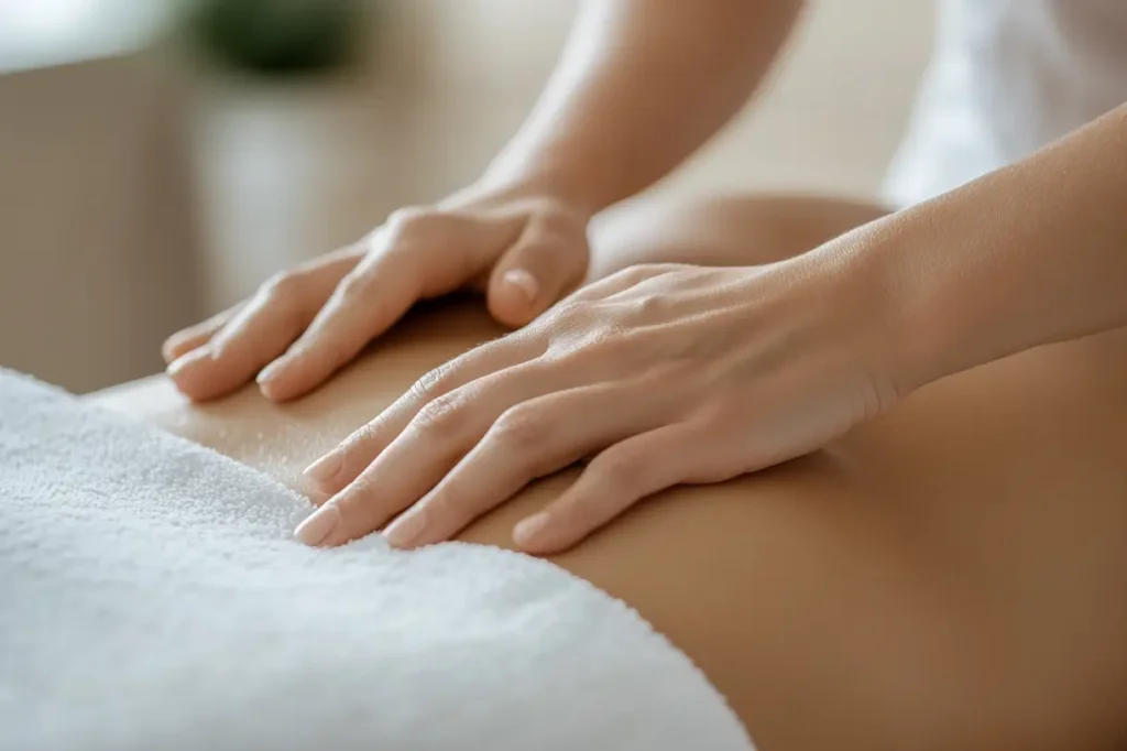 Close-up of hands applying massage strokes on a back, providing soothing in-home therapy and care