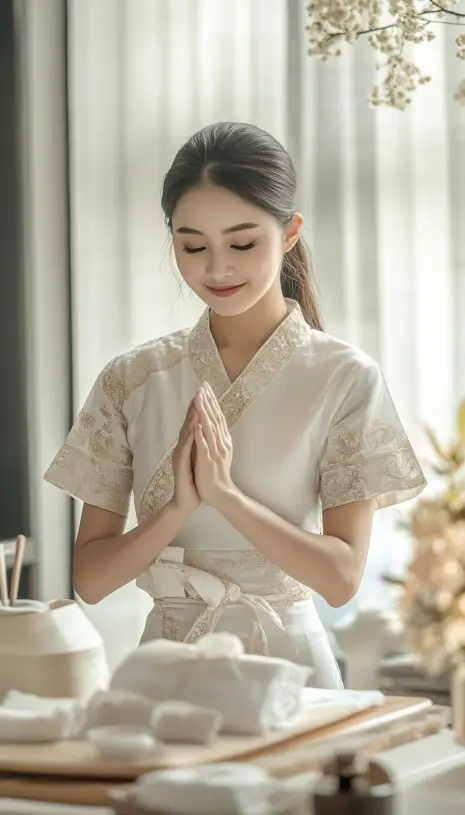 Woman in traditional attire, hands joined in a respectful gesture, surrounded by spa essentials.