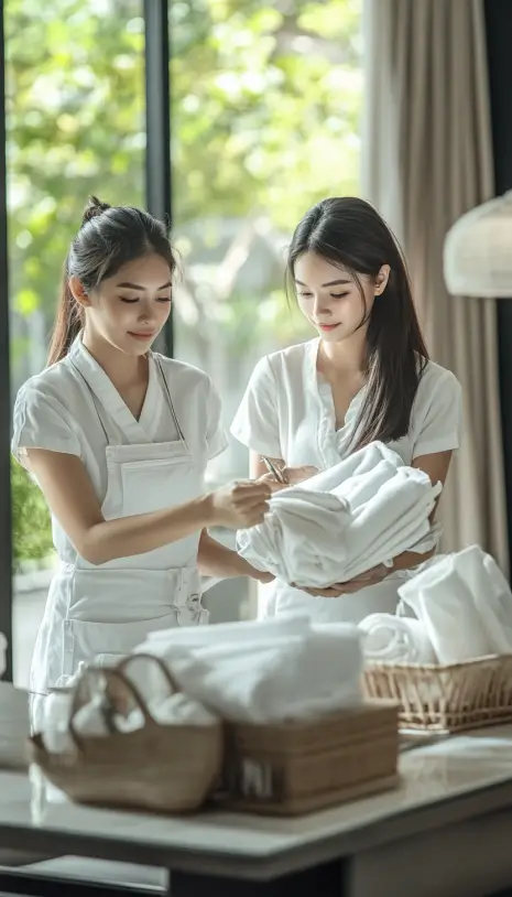 Two women in white uniforms folding towels, showcasing professionalism in wellness services.