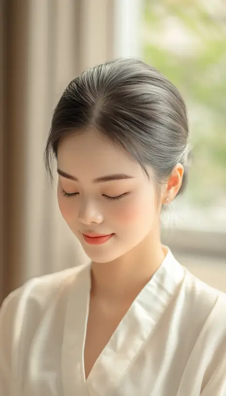 Close-up of a serene woman with her eyes closed, embodying calmness and mindfulness in wellness.