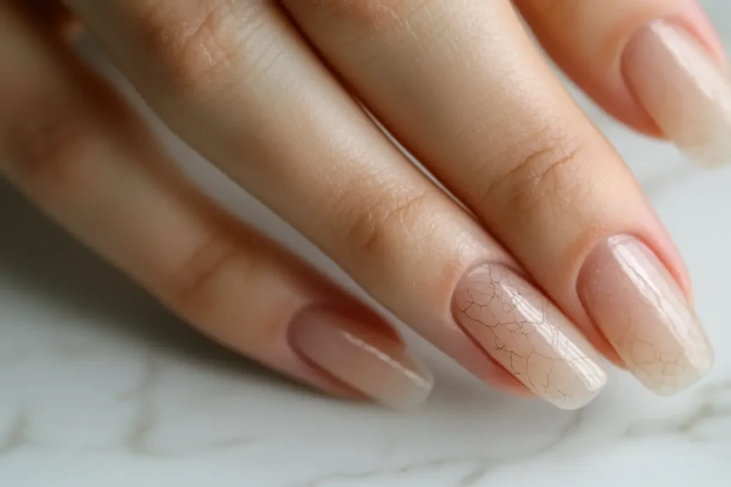 Close-up image of a woman's hand with a subtle cracked pattern on a nude manicure, showcasing a delicate and natural nail design
