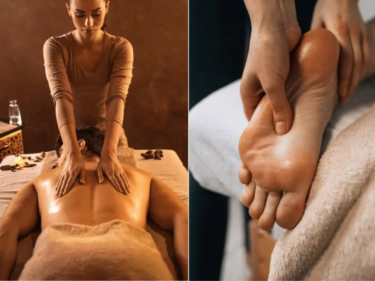 A professional therapist providing a soothing body massage paired with a relaxing foot massage.