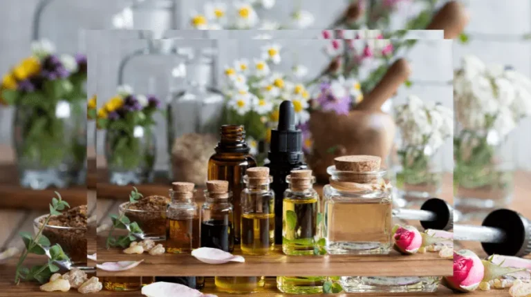 A collection of essential oils and natural massage products on display.