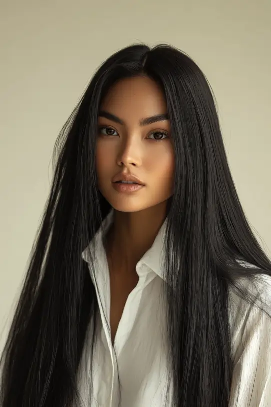 Front view of a Thai woman with long, straight, and perfectly sleek black hair wearing a white shirt.